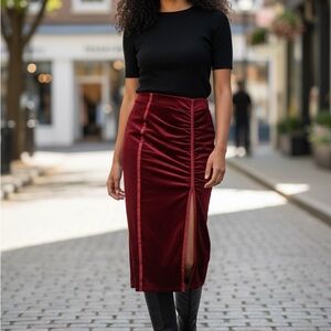 Haute Monde midi bodycon slit red velvet velour fitted skirt holiday cocktail xs